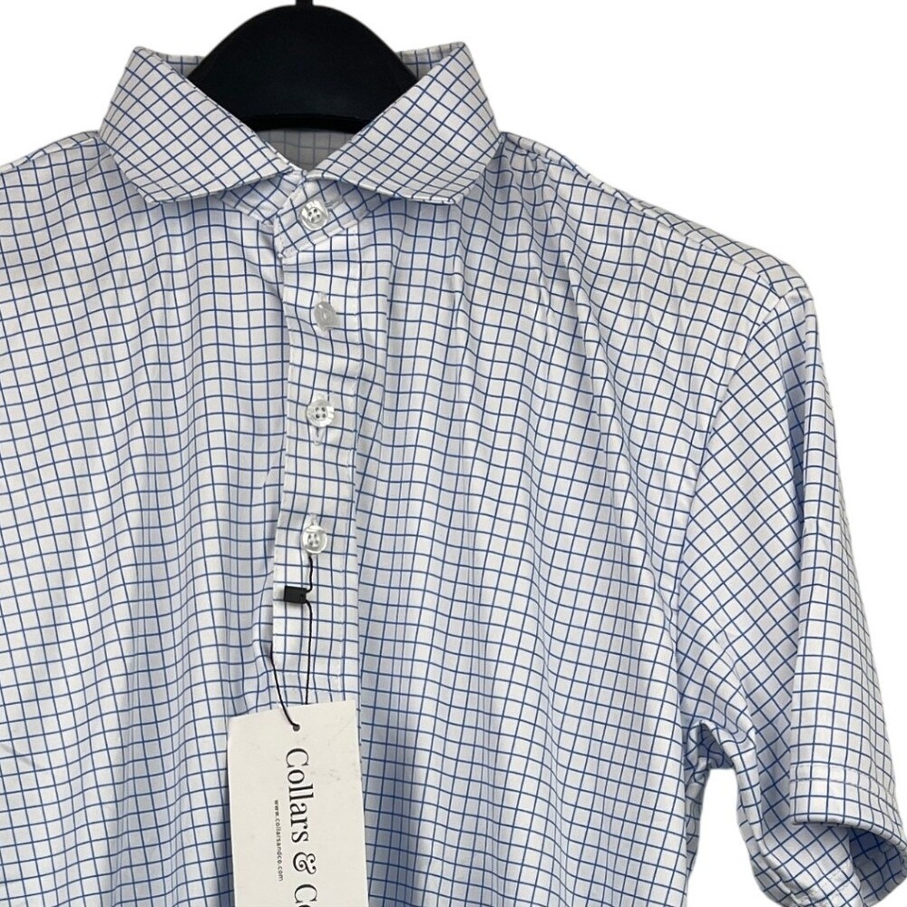 NEW Collars & Co Dress Collar Polo Mens MT TALL Performance Blue Check‎ $82